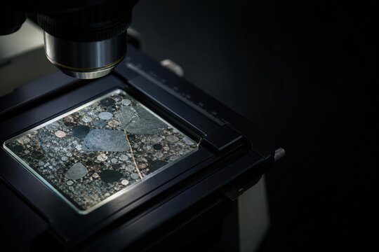 Concrete petrography laboratory - a thin section on a polarizing microscope stage