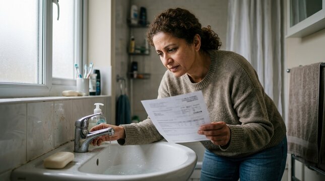 Woman concerned about high water bill checks dripping faucet in bathroom
