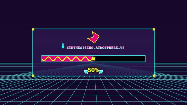 Loading progress bar indicator showing fifty percent completion with retro futuristic grid background