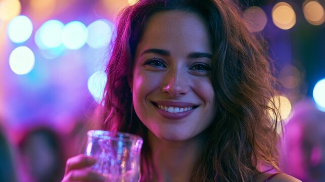 Smiling woman with a glass of liquor in her hand at a music festival.