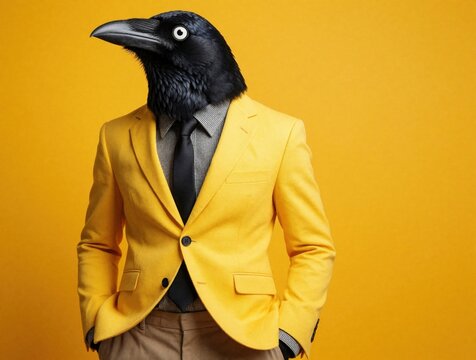 Funny black crow wears bright yellow suit, black tie. Anthropomorphic bird stands as pro businessman against solid yellow background. Creative concept of animal manager avian boss in formal fashion