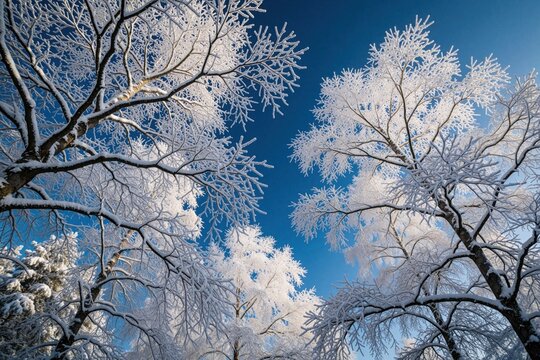 Low angle view of winter forest trees covered in fresh white snow, frost against clear blue sky. Cold nature landscape in Russia. Branches frozen with ice crystals. Seasonal cold weather background.