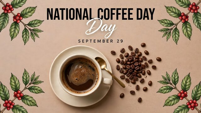 National coffee day greeting card with a cup of black coffee, spoon, and coffee beans