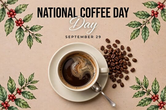 National coffee day greeting card with a cup of black coffee, spoon, and coffee beans