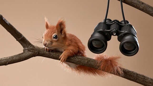 Winter Wildlife humorous photo: binoculars hanging on a branch with a squirrel trying to look through them, warm beige background.