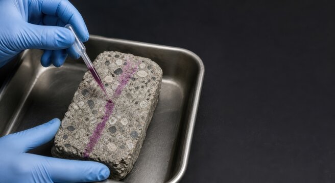 Concrete petrography laboratory - gloved hands applying a carbonation indicator