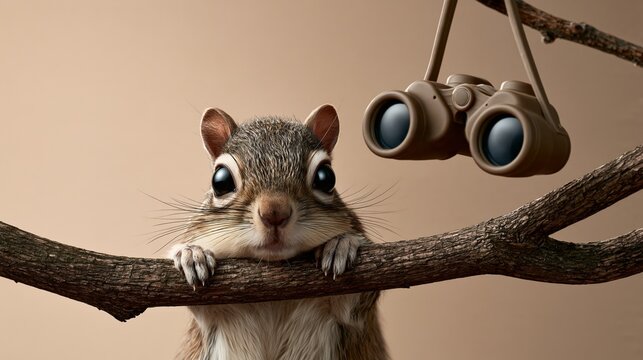 Winter Wildlife humorous photo: binoculars hanging on a branch with a squirrel trying to look through them, warm beige background.