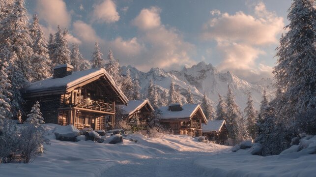 radiant snow-covered rooftops in a cozy cabin,