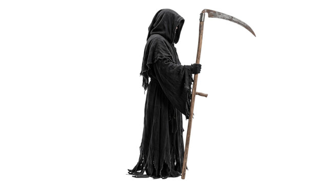 Grim reaper standing with scythe isolated on a clean white background representing mortality