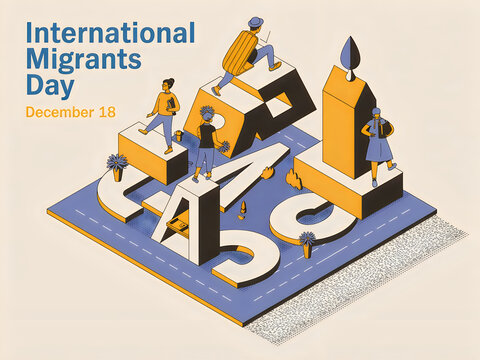 International migrants day illustration with people on 2023 date blocks