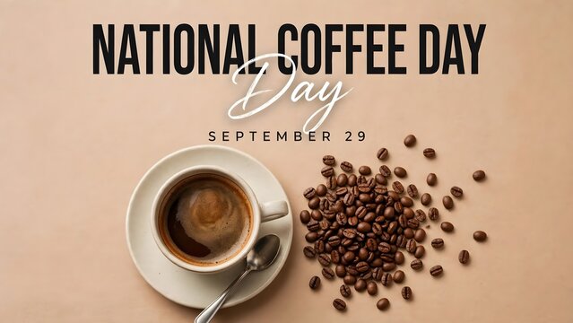 National coffee day greeting card with a cup of black coffee, spoon, and coffee beans