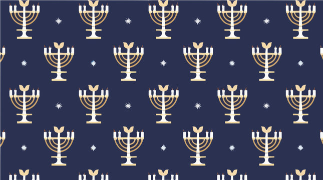 Hanukkah vektor pattern with menorah and stars on dark blue background