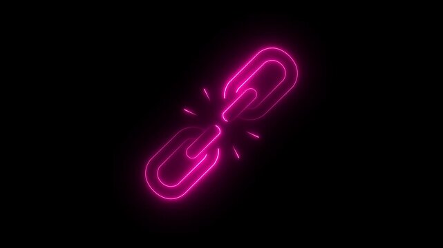 Animated glowing neon unlink icon isolated on a black background, representing broken links, disconnected connections, network interruption,Modern luminous line-art design 4K motion graphics.