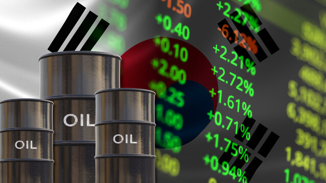 The South Korean oil industry and fluctuations in South Korean crude oil prices. Commercial crude oil barrels, the South Korean flag, and concepts related to national energy infrastructure. 
