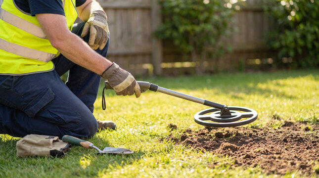 Worker using metal detector in grassy yard, focused and diligent  