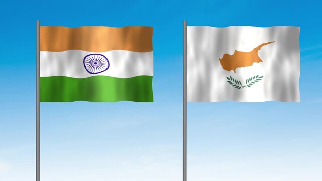Flag of CYPRUS and India, Pole flag of CYPRUS and India on clear sky background. CYPRUS and India flag waving. 
