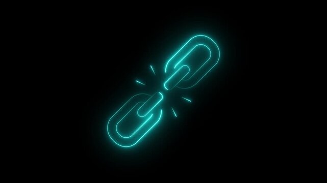 Animated glowing neon unlink icon isolated on a black background, representing broken links, disconnected connections, network interruption,Modern luminous line-art design 4K motion graphics.