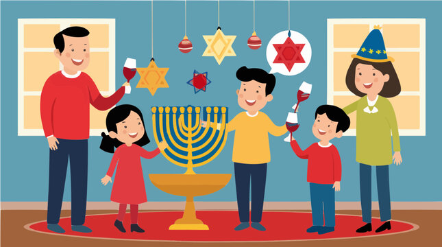 Hanukkah vektor family celebrating with menorah and decorations