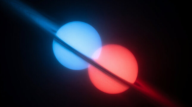 Binary star system featuring a brilliant hot blue star and a cool dim red celestial body interacting