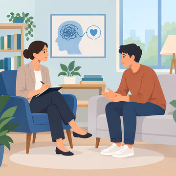 Psychotherapist consulting young man during therapy session in cozy office vector illustration