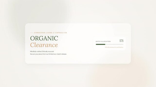 Minimalist organic clearance promo tags animation featuring clean typography and soft shadows on beige background for sustainable business marketing campaigns or eco-friendly retail sales