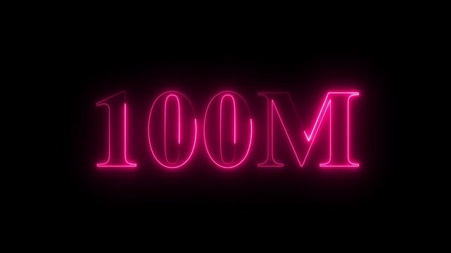 Neon Glowing 100M Followers Text Animation with Neon Border on black background. Neon glowing 100M 'followers' animation with neon border.4k motion video