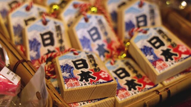 Japanese tourist souvenirs and gifts with symbols of Japan, daruma figure, kitsune fox, tengu mask, mount Fuji, fridge magnets, maneki-neko figurine, key ring keychain, local gift shop in Tokyo, Japan