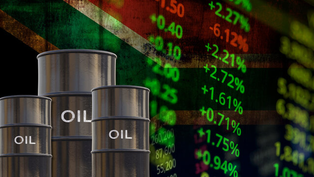 The South African oil industry and fluctuations in South African crude oil prices. Commercial crude oil barrels, the South African flag, and concepts related to national energy infrastructure. 