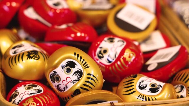 Japanese tourist souvenirs and gifts with symbols of Japan, daruma figure, kitsune fox, tengu mask, mount Fuji, fridge magnets, maneki-neko figurine, key ring keychain, local gift shop in Tokyo, Japan