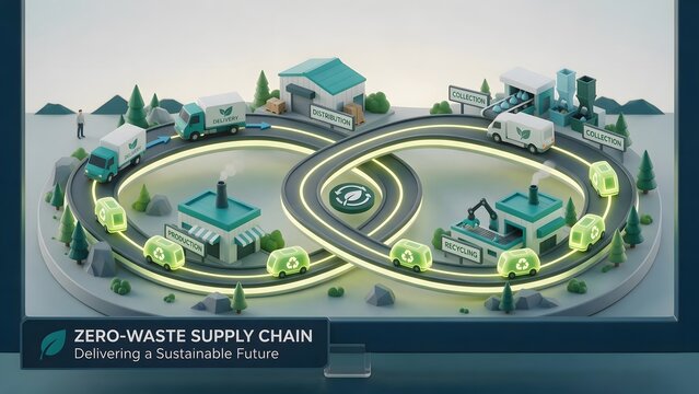 A stylized 3d low-poly miniature diorama of a zero-waste supply chain, a glowing moebius strip road where sleek delivery trucks seamlessly evolve