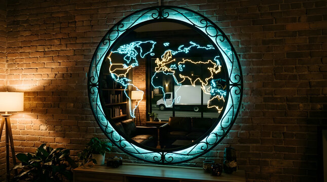 Decorative round wall mirror featuring a glowing illuminated map of the world in an industrial loft interior design brick wall home decor living room lighting furniture