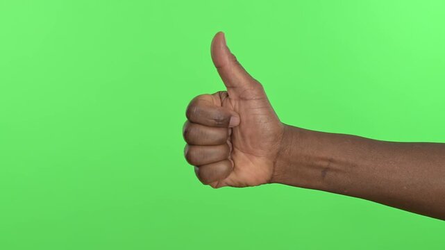 Thumbs up and thumbs down gestures isolated on green screen 	