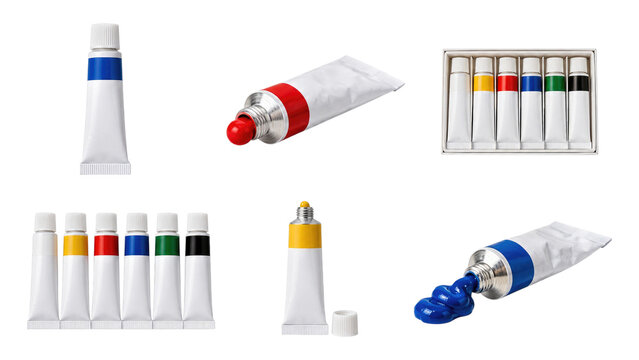 Assorted artist paint tubes and a boxed set, some opened and squeezed showing bright red and blue paint