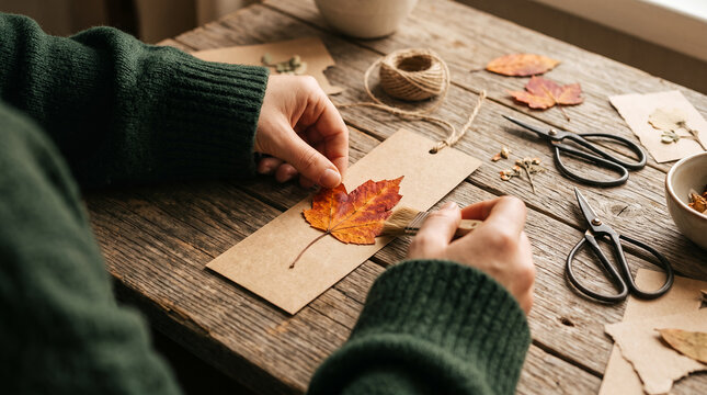 Hands making autumn leaf bookmark on a wooden table with crafts  