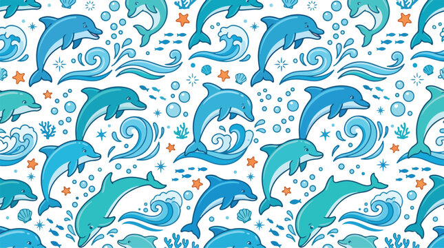 Dolphins jumping and swimming in sea water seamless pattern