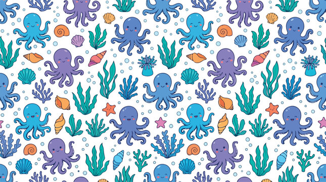 Cute cartoon octopus and seaweed seamless pattern background floating underwater
