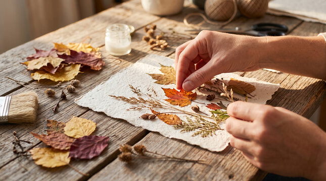 Autumn family connection with hands crafting natural art from leaves  