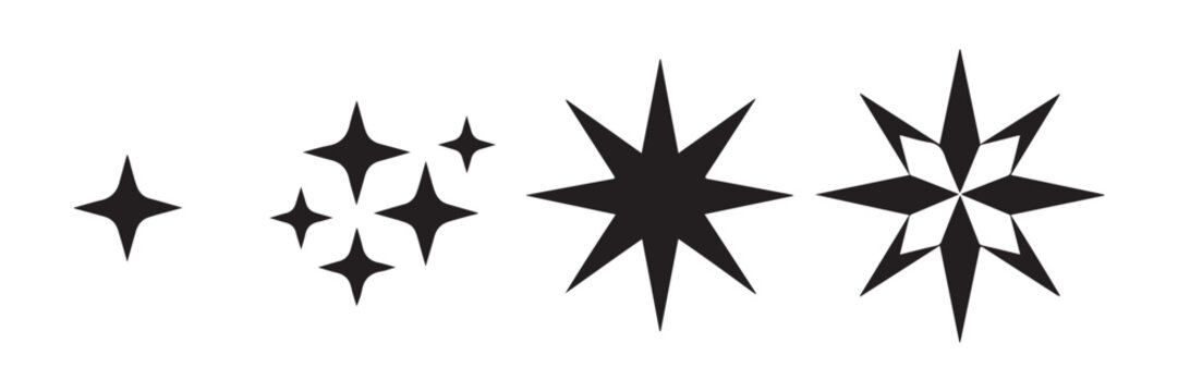 Group of black star silhouettes featuring simple and complex designs for decorative graphic UI assets.