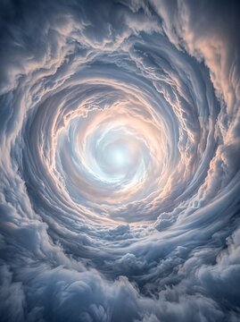 Storm clouds form a rotating circular tunnel vortex with a bright central light source against an ethereal blue and orange atmospheric background suitable for abstract creative digital design.