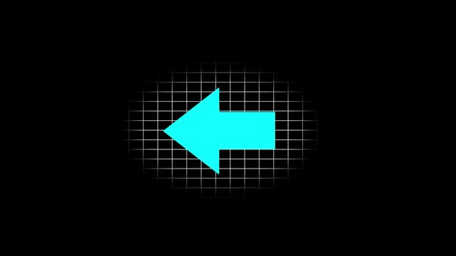 Abstract directional arrow bouncing cyan color leftward against a stark three dimensional swipe slide left animation on a black background.