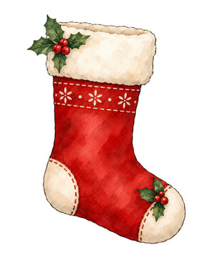 Watercolor Christmas Stocking with Festive Red and White Details
