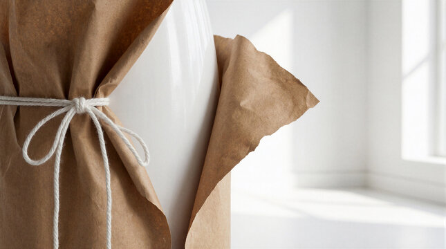 Unwrapping package with thick brown paper wrapping and single white string tied neatly