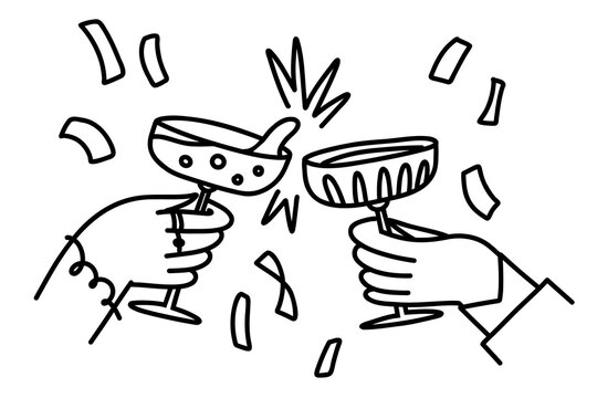 Hand drawn New Year party doodle with two hands clinking champagne glasses and falling confetti, festive toast celebration for greeting cards, invitations, posters and events