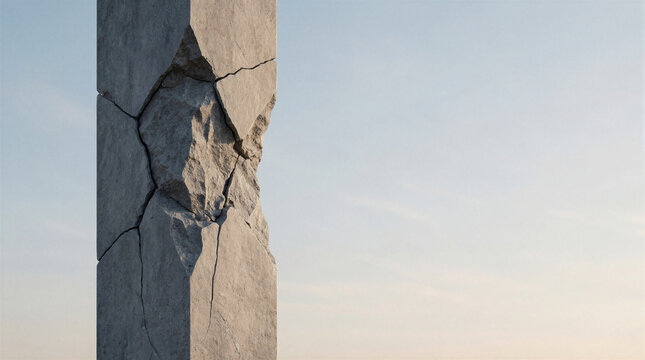 Architectural fracture on balanced stone pillar remaining upright against clear sky