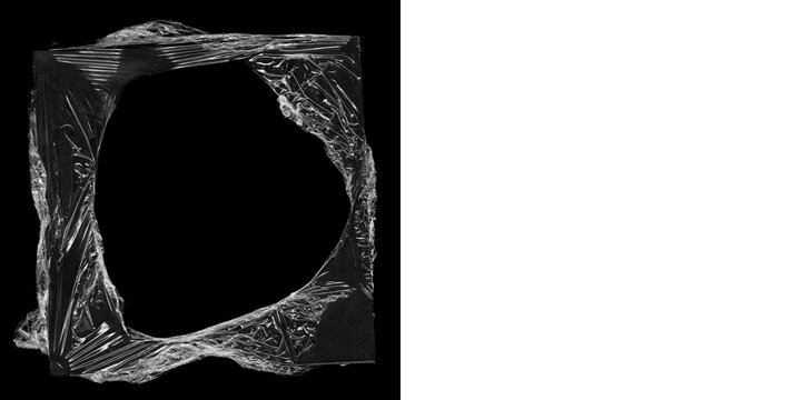 Ripped plastic wrap frame texture on black background for design use.