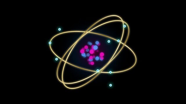 Atomic structure animation with glowing orbital rings and particles rotating around nucleus against black background