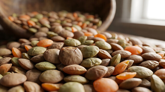A close-up view of raw mixed lentilha legumes spilling from a wooden bowl on a rustic kitchen table surface