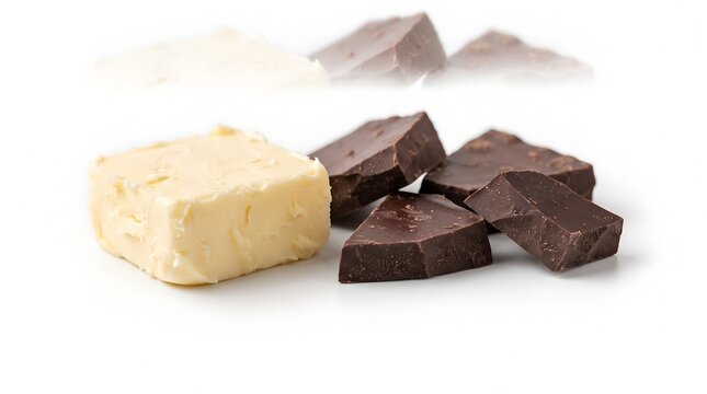 Butter with pieces of dark chocolate sweet treat, creamy dairy block and rich cacao chunks, baking ingredients, delicious dessert composition isolated on white background   