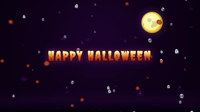 Happy halloween text animation with full moon and falling icons