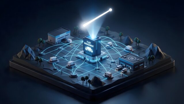 A stylized 3d low-poly miniature diorama of fleet management, a glowing digital map grid where tiny sleek delivery trucks are orchestrated by a